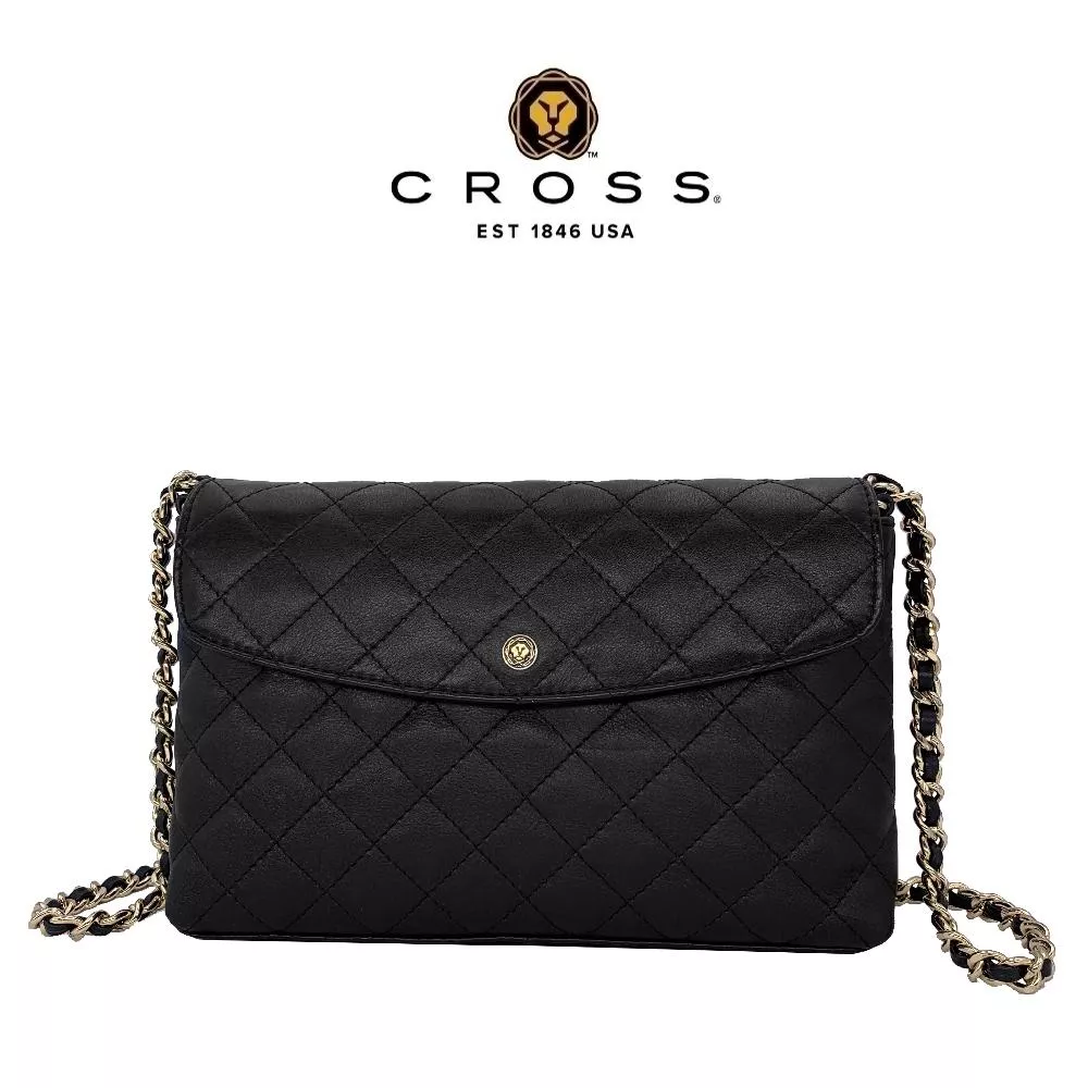 【CROSS】限量1折 頂級小牛皮菱格紋肩背包 全新專櫃展示品 (經典黑)