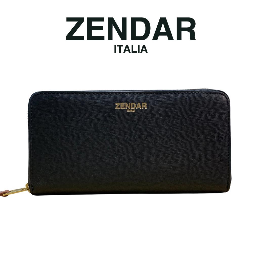 【ZENDAR】限量1折 頂級小牛皮十字紋拉鍊長夾 貝兒系列 全新專櫃展示品 (黑色)