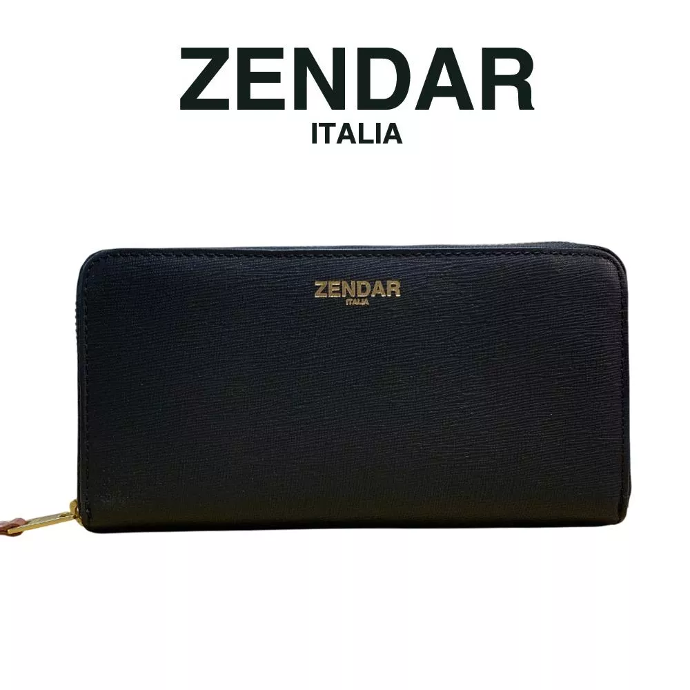 【ZENDAR】限量1折 頂級小牛皮十字紋拉鍊長夾 貝兒系列 全新專櫃展示品 (黑色)