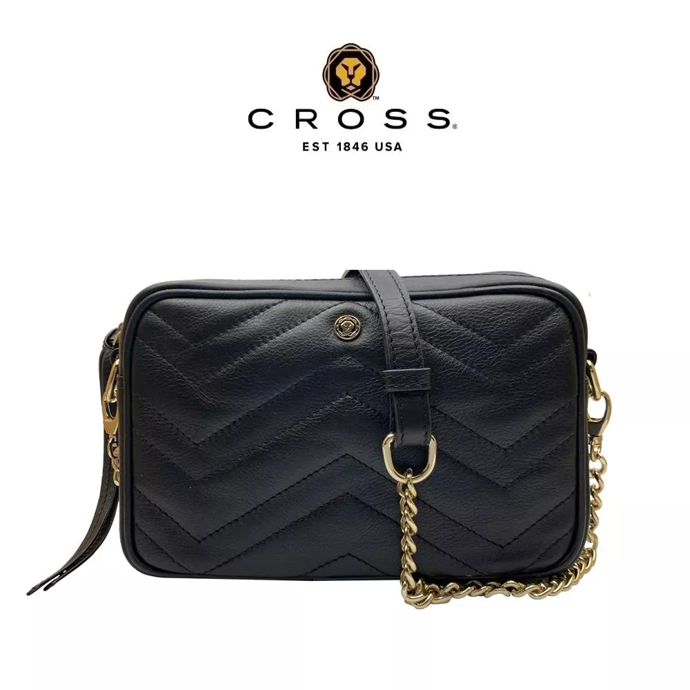 【CROSS】限量1折 頂級NAPPA小牛皮山形紋拉鍊肩背包 全新專櫃展示品 (經典黑)