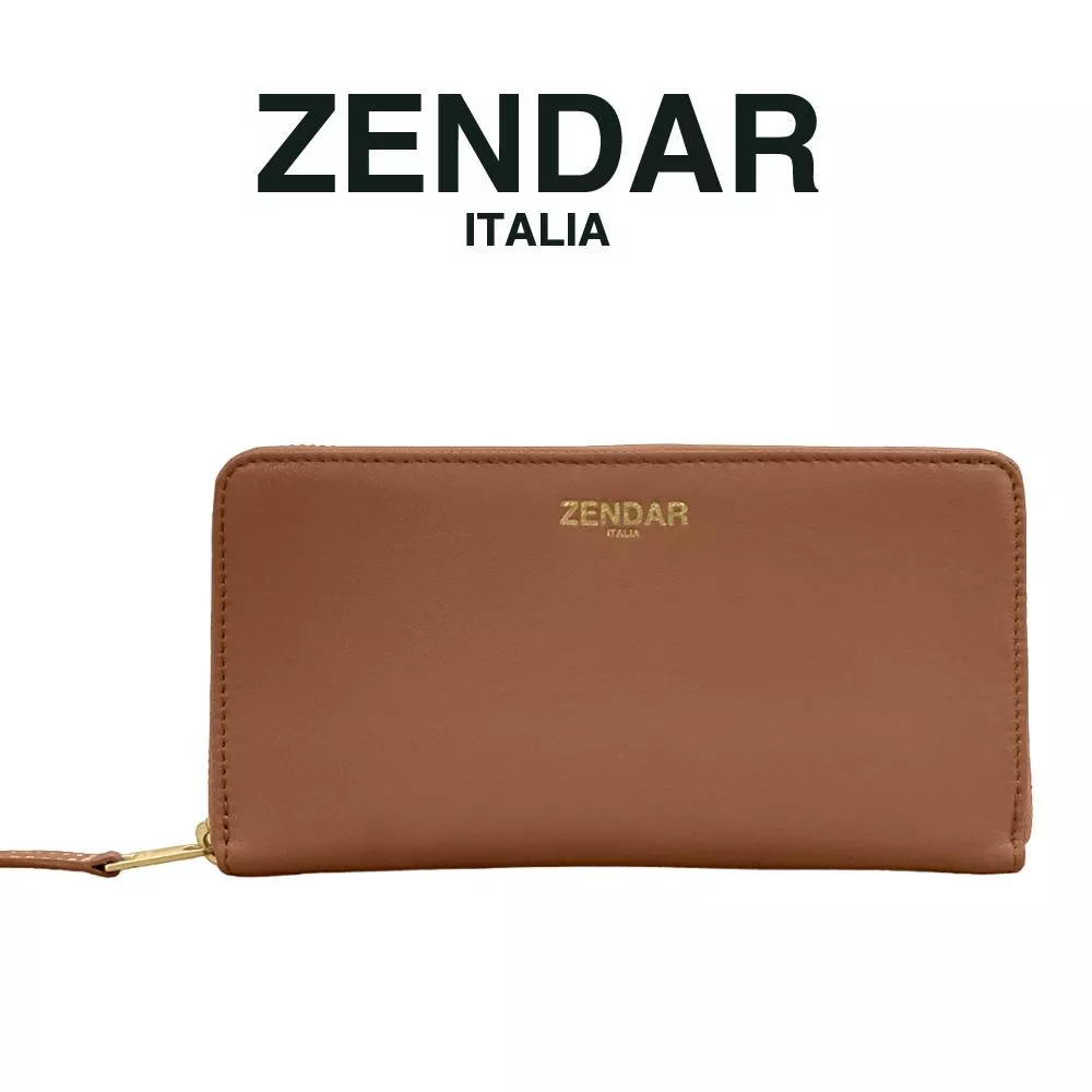 【ZENDAR】限量1折 超柔軟頂級小羊皮拉鍊長夾 絲柏系列 全新專櫃展示品(琥珀色)