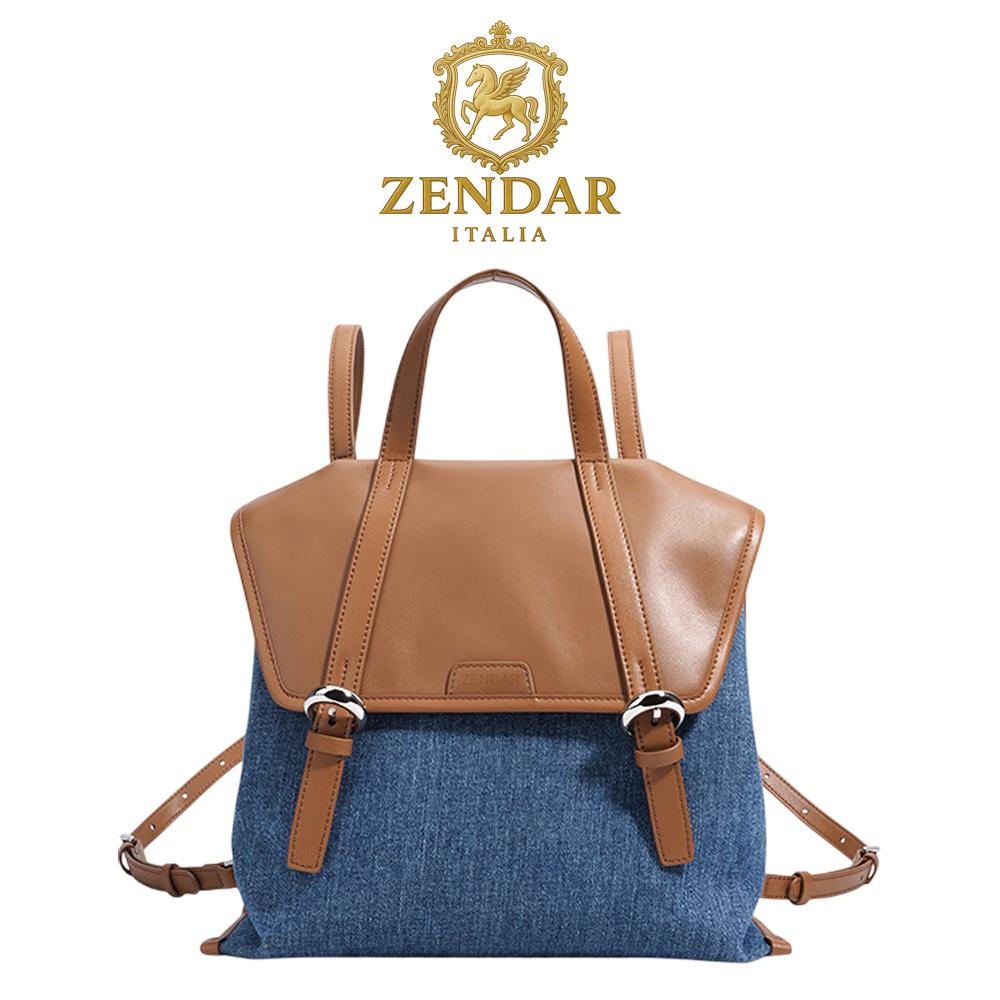 【ZENDAR】頂級小牛皮牛仔布後背包 貝蒂系列 (牛仔色)