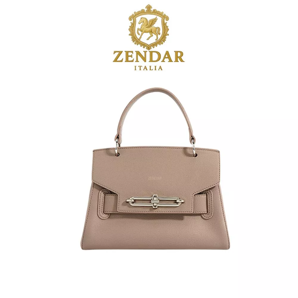 【ZENDAR】限量1折 頂級小牛皮十字紋手提包肩背包 夢特系列 全新專櫃展示品 (奶杏色)