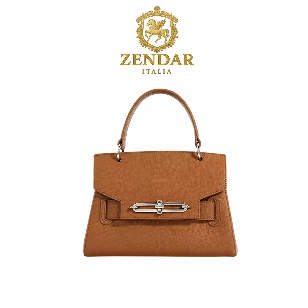 【ZENDAR】限量1折 頂級小牛皮十字紋手提包肩背包 夢特系列 全新專櫃展示品 (琥珀色)