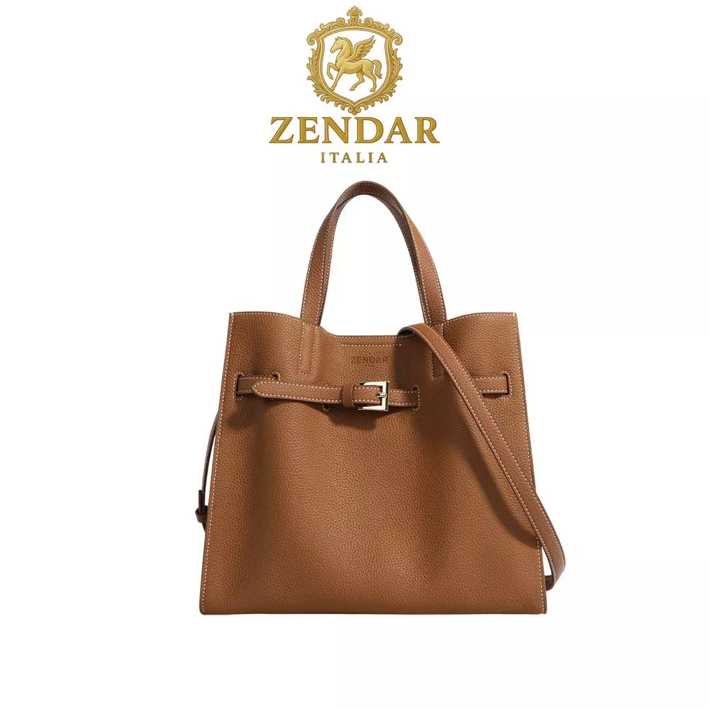 【ZENDAR】頂級小牛皮托特包肩背包 瑞絲系列 (琥珀色)