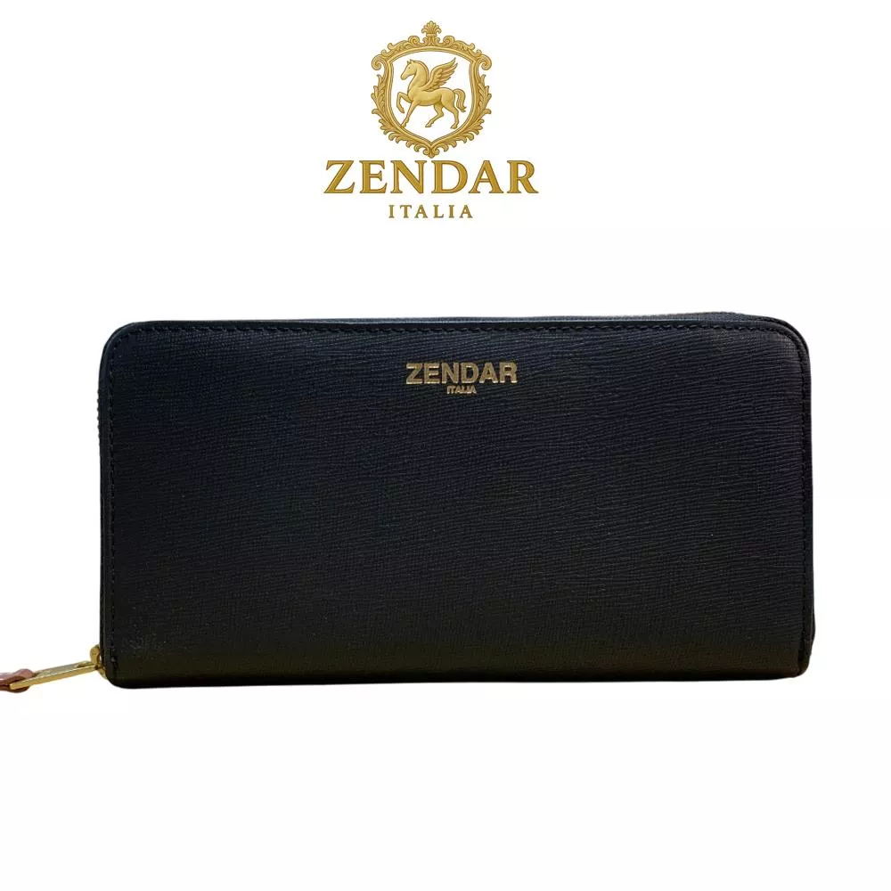 【ZENDAR】限量1折 頂級小牛皮十字紋拉鍊長夾 貝兒系列 全新專櫃展示品 (黑色)
