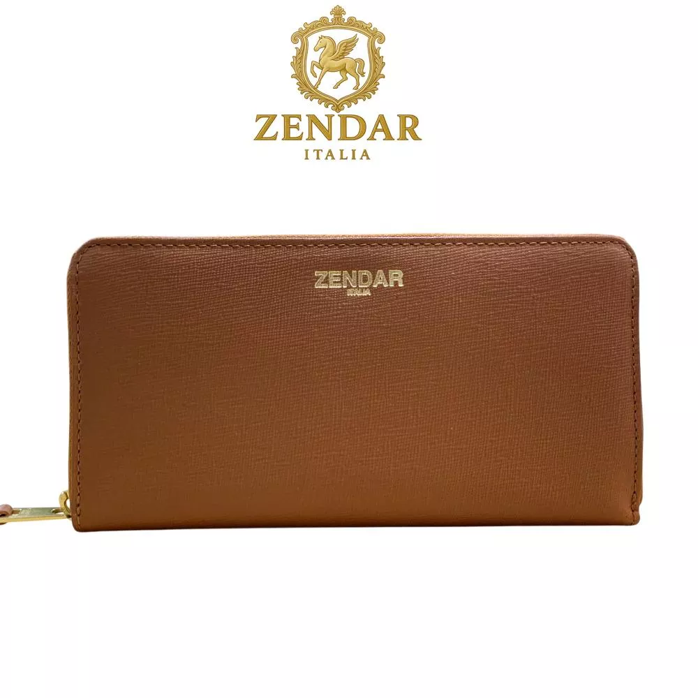 【ZENDAR】限量1折 頂級小牛皮十字紋拉鍊長夾 貝兒系列 全新專櫃展示品 (琥珀色)