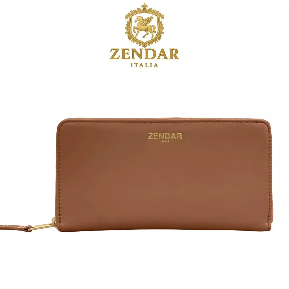 【ZENDAR】限量1折 超柔軟頂級小羊皮拉鍊長夾 絲柏系列 全新專櫃展示品(琥珀色)