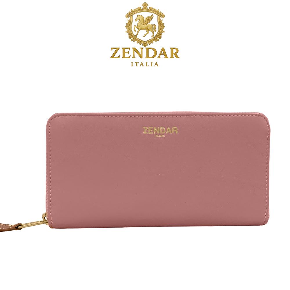 【ZENDAR】限量1折 超柔軟頂級小羊皮拉鍊長夾 絲柏系列 全新專櫃展示品(桃粉色)