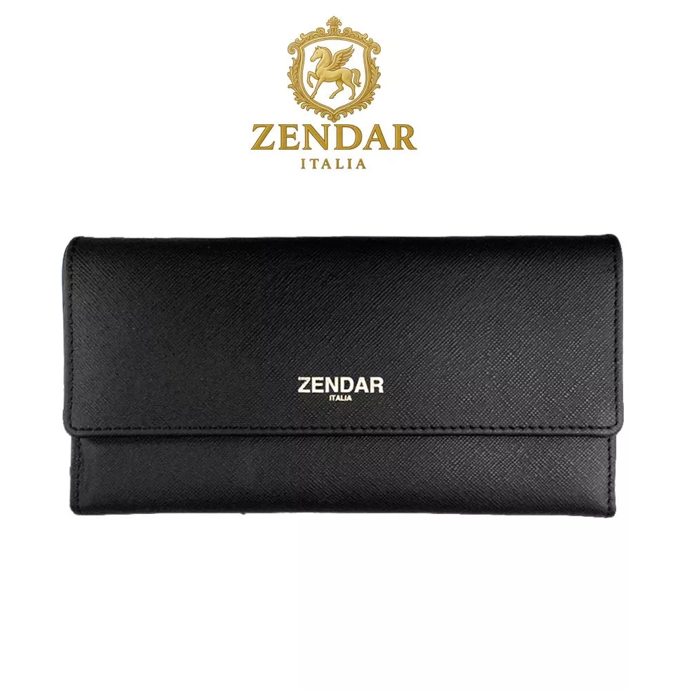 【ZENDAR】限量1折 頂級小牛皮十字紋翻蓋長夾 米蘭系列 全新專櫃展示品 (霧黑色)