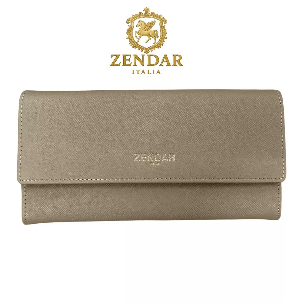 【ZENDAR】頂級小牛皮十字紋翻蓋長夾 米蘭系列 (米灰色)