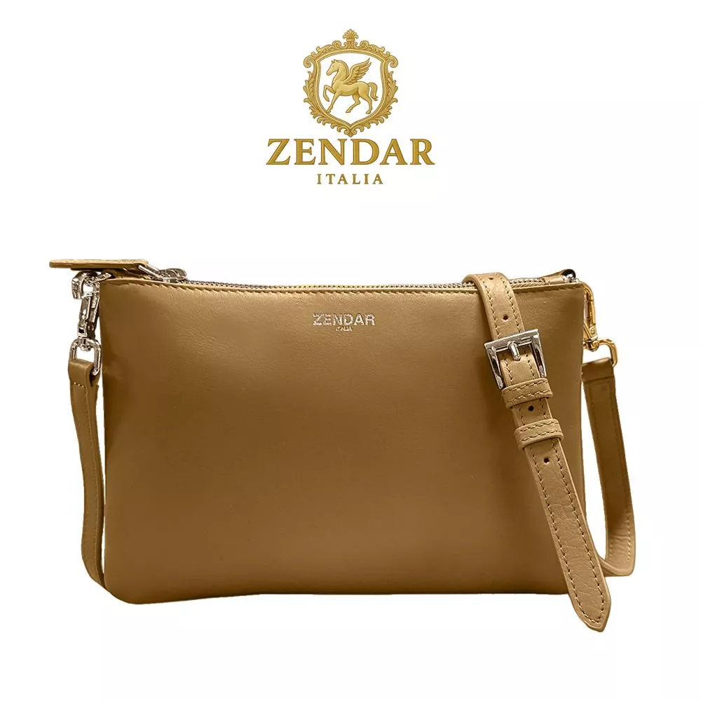 【ZENDAR】限量1折 頂級小牛皮雙層肩背包側背包 米凱拉系列 全新專櫃展示品(琥珀/咖啡色)