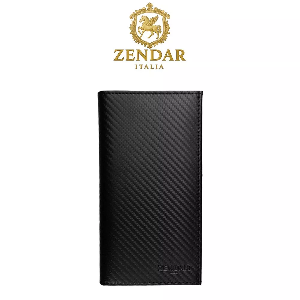 【ZENDAR】限量1折 頂級小牛皮碳纖維紋18卡對開長夾 巴雷特系列 全新專櫃展示品(黑色 送禮盒提袋)