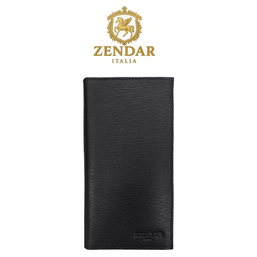 【ZENDAR】頂級小牛皮極光紋18卡對開長夾 卡特系列 (黑色 送禮盒提袋)
