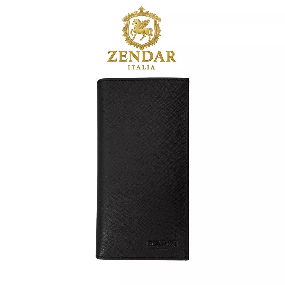 【ZENDAR】限量1折 頂級小牛皮十字紋18卡對開長夾 尼亞系列 全新專櫃展示品(黑色 送禮盒提袋)