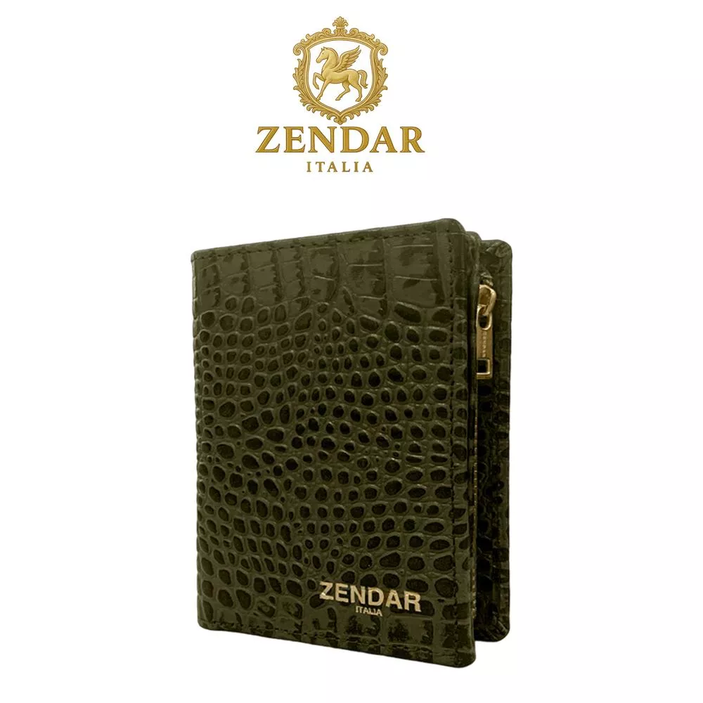 【ZENDAR】頂級小牛皮鱷魚紋拉鍊短夾 霏比系列 (秋香墨綠)