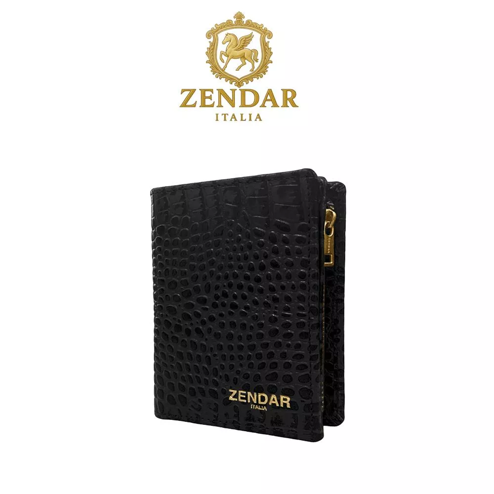 【ZENDAR】限量1折 頂級小牛皮鱷魚紋拉鍊短夾 霏比系列 全新專櫃展示品 (經典黑)