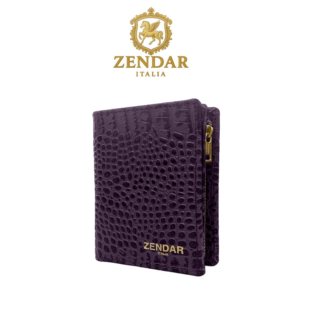 【ZENDAR】頂級小牛皮鱷魚紋拉鍊短夾 霏比系列 (莓紫)