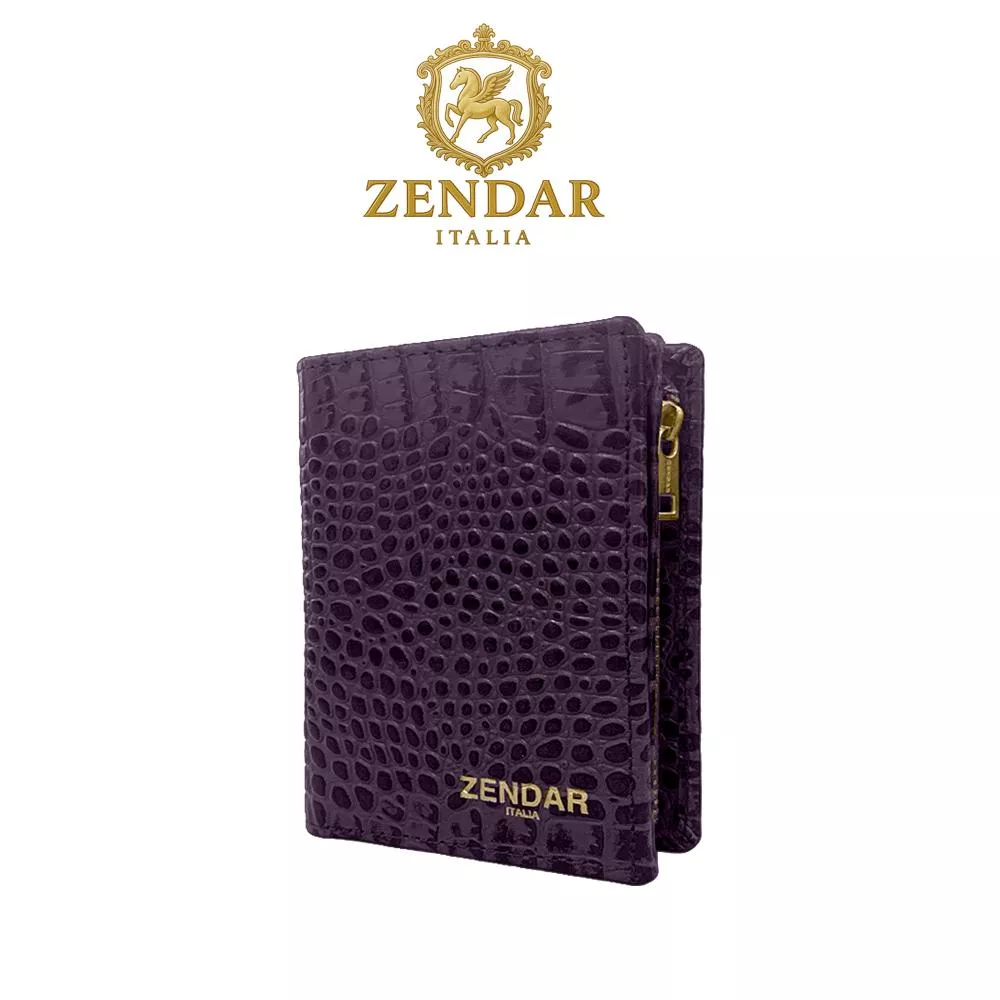 【ZENDAR】限量1折 頂級小牛皮鱷魚紋拉鍊短夾 霏比系列 全新專櫃展示品 (莓紫)
