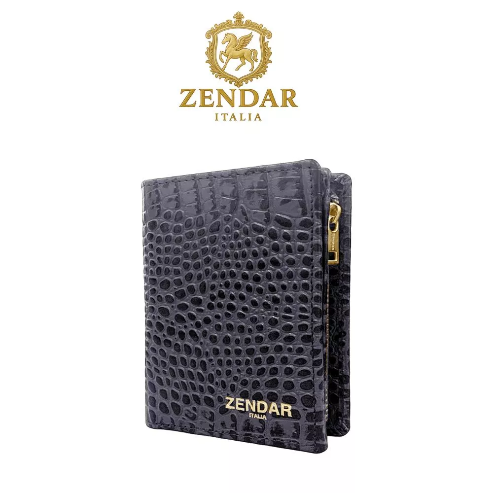 【ZENDAR】限量1折 頂級小牛皮鱷魚紋拉鍊短夾 霏比系列 全新專櫃展示品 (鐵灰色)