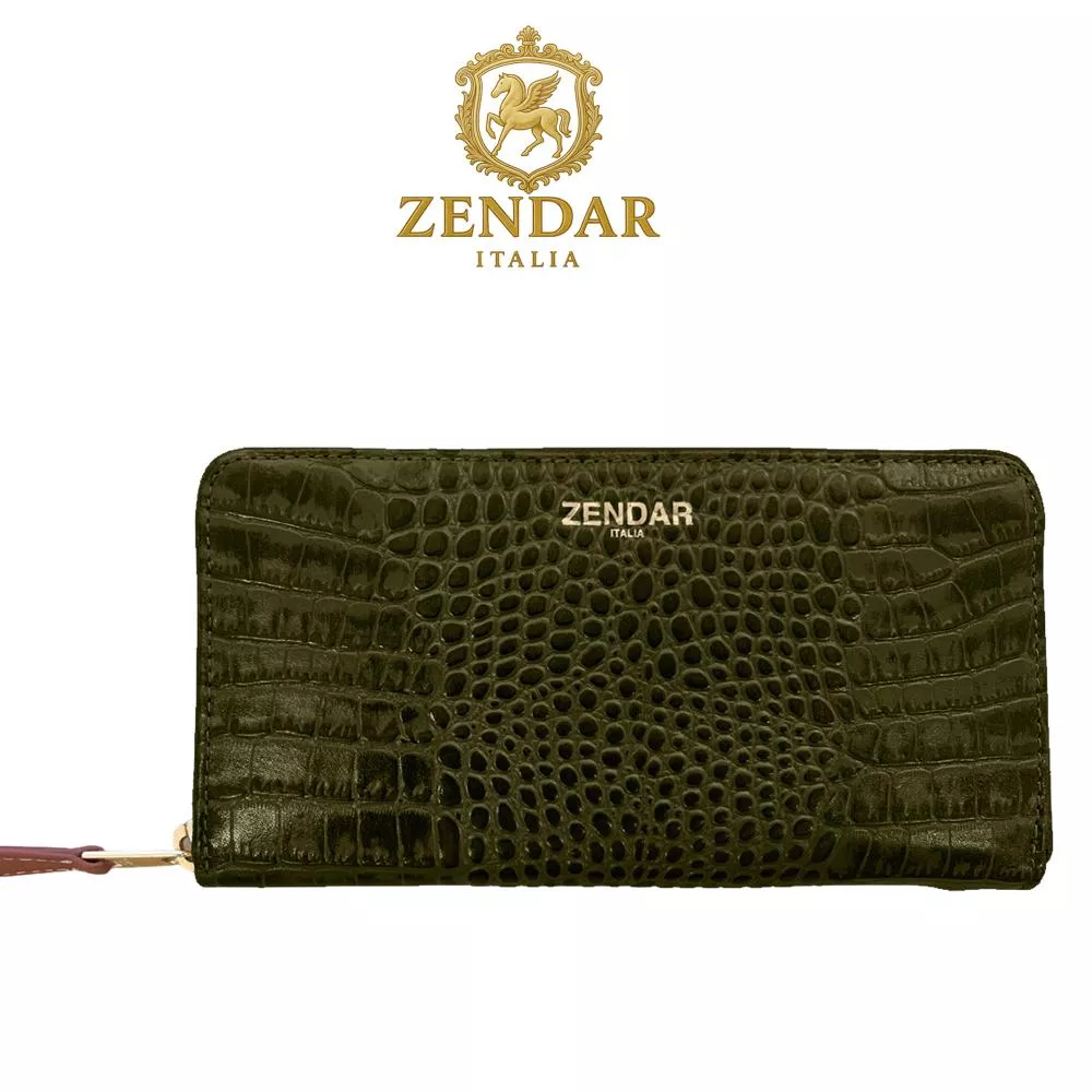 【ZENDAR】限量1折 頂級小牛皮鱷魚紋拉鍊長夾 霏比系列 全新專櫃展示品 (秋香墨綠)