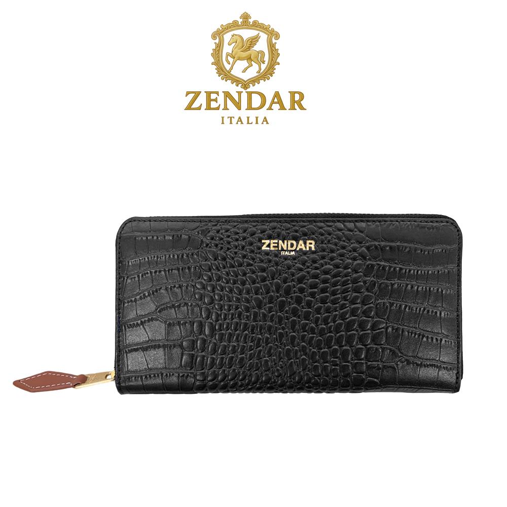 【ZENDAR】頂級小牛皮鱷魚紋拉鍊長夾 霏比系列 (金剛黑)