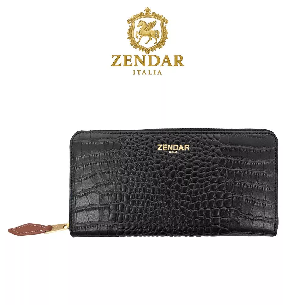 【ZENDAR】頂級小牛皮鱷魚紋拉鍊長夾 霏比系列 (金剛黑)