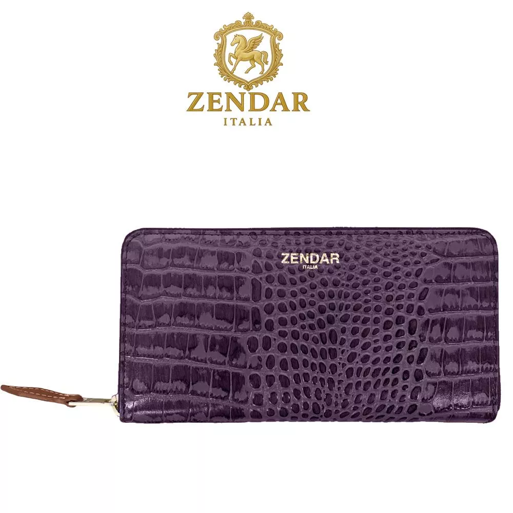 【ZENDAR】頂級小牛皮鱷魚紋拉鍊長夾 霏比系列 (鳶尾紫)