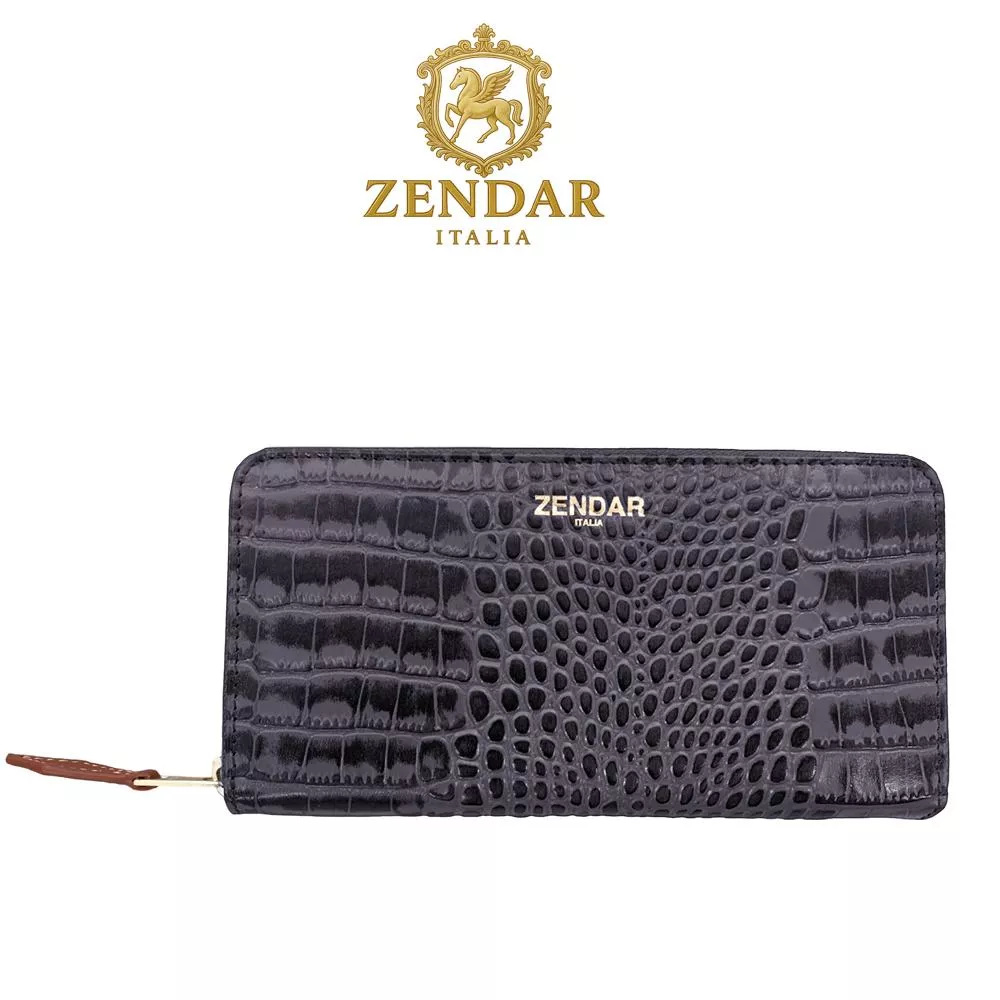 【ZENDAR】限量1折 頂級小牛皮鱷魚紋拉鍊長夾 霏比系列 全新專櫃展示品 (鐵灰色)