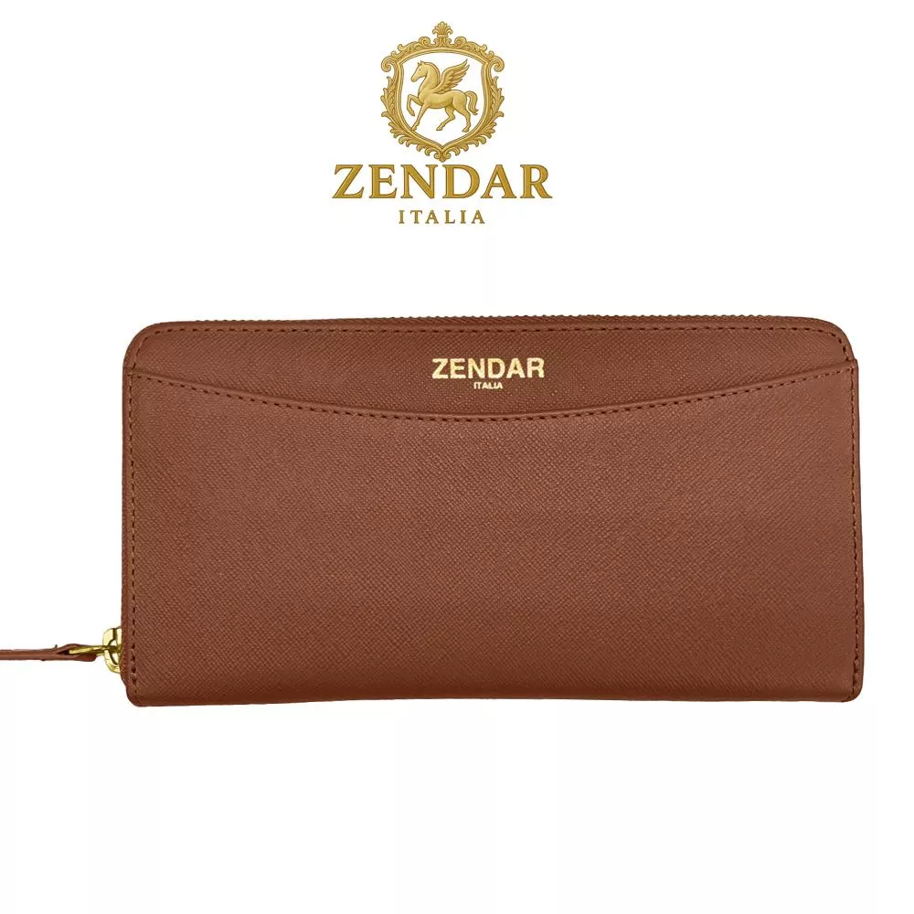 【ZENDAR】限量1折 頂級小牛皮十字紋拉鍊長夾 馬蒂娜系列 全新專櫃展示品 (琥珀色)