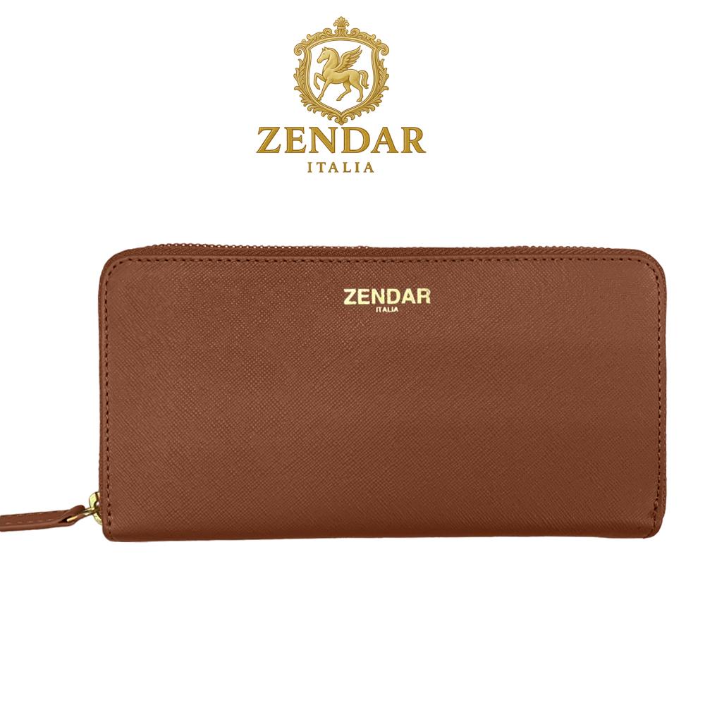 【ZENDAR】限量1折 頂級小牛皮十字紋拉鍊長夾 卡門系列 全新專櫃展示品 (琥珀色)