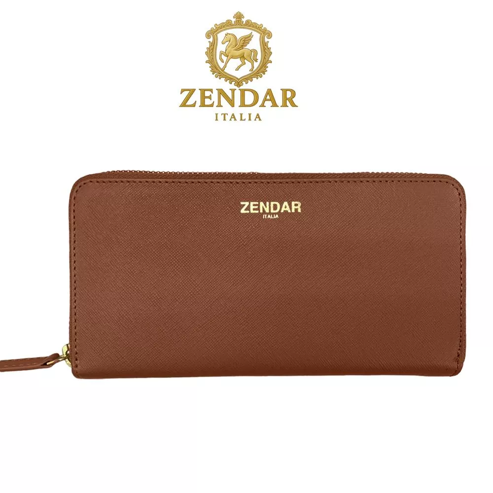 【ZENDAR】限量1折 頂級小牛皮十字紋拉鍊長夾 卡門系列 全新專櫃展示品 (琥珀色)