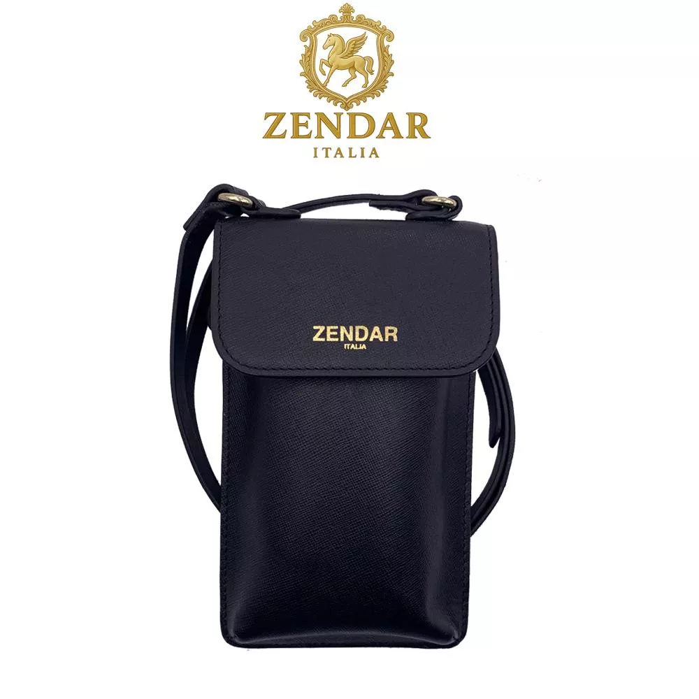 【ZENDAR】限量3折 頂級小牛皮十字紋手機包 全新專櫃展示品 (黑色)
