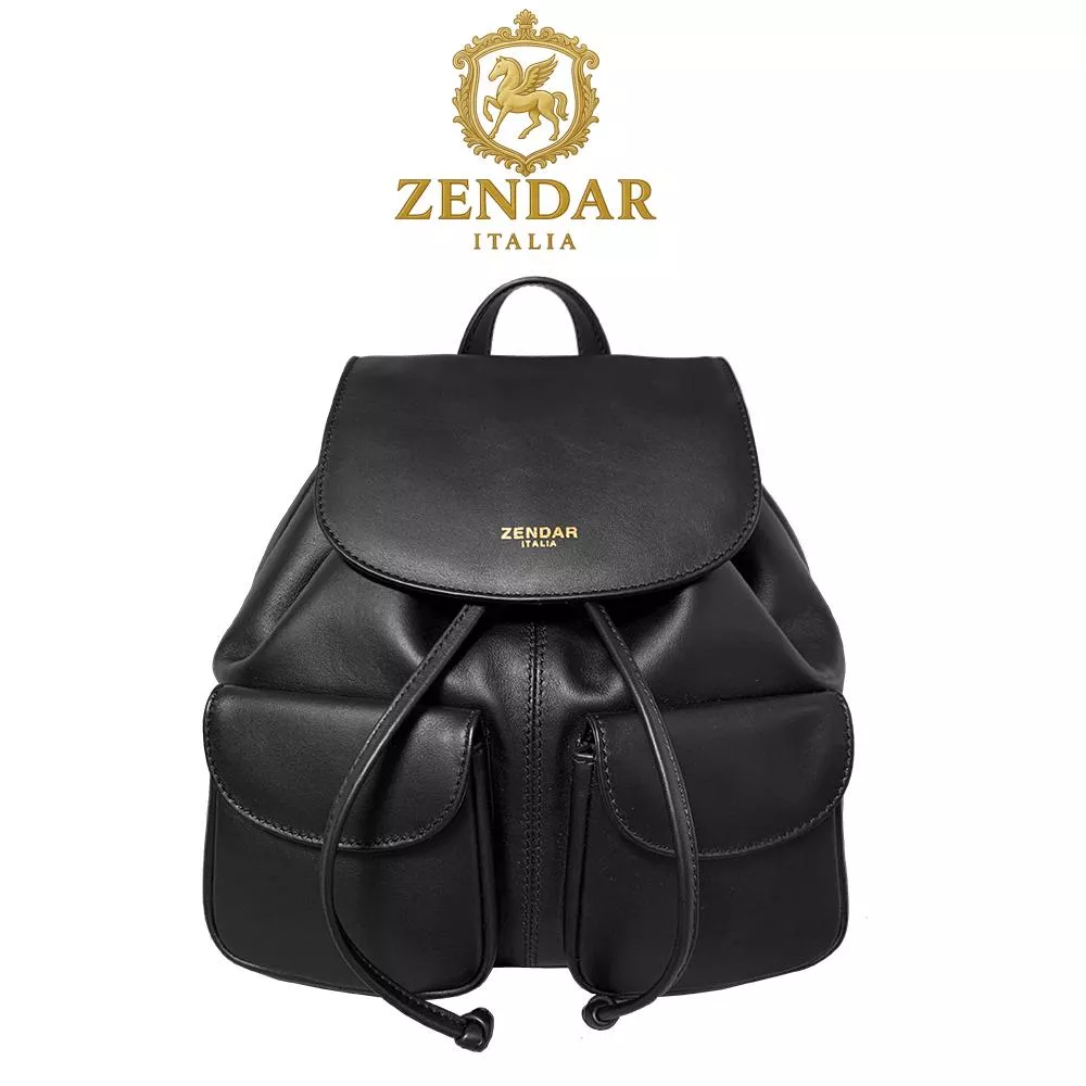 【ZENDAR】頂級小牛皮後背包桶包 (黑色)