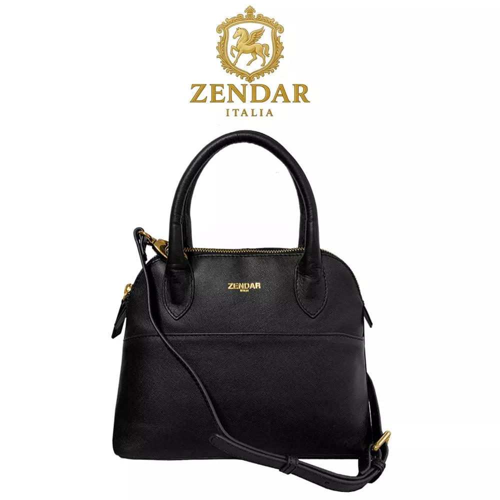 【ZENDAR】頂級小牛皮十字紋手提側背貝殼包 卡門系列 (黑色)