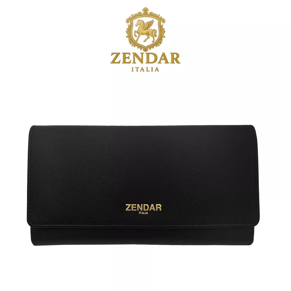 【ZENDAR】限量1折 頂級小牛皮十字紋三摺長夾 蘿絲系列 全新專櫃展示品 (黑色)