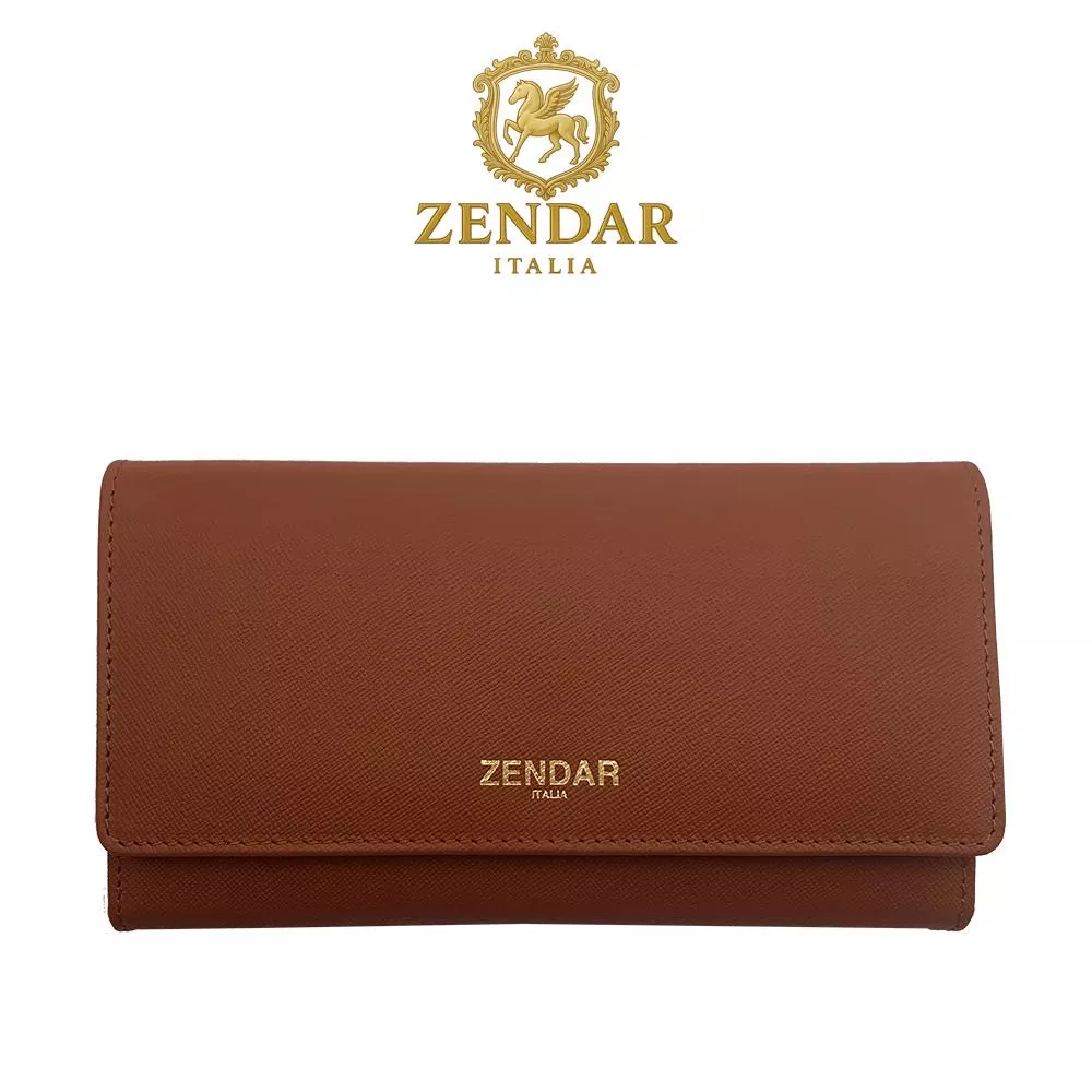 【ZENDAR】頂級小牛皮十字紋三摺長夾 蘿絲系列 (琥珀色)