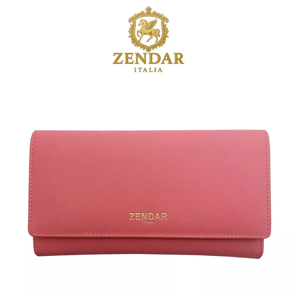 【ZENDAR】頂級小牛皮十字紋三摺長夾 蘿絲系列 (粉紅色)