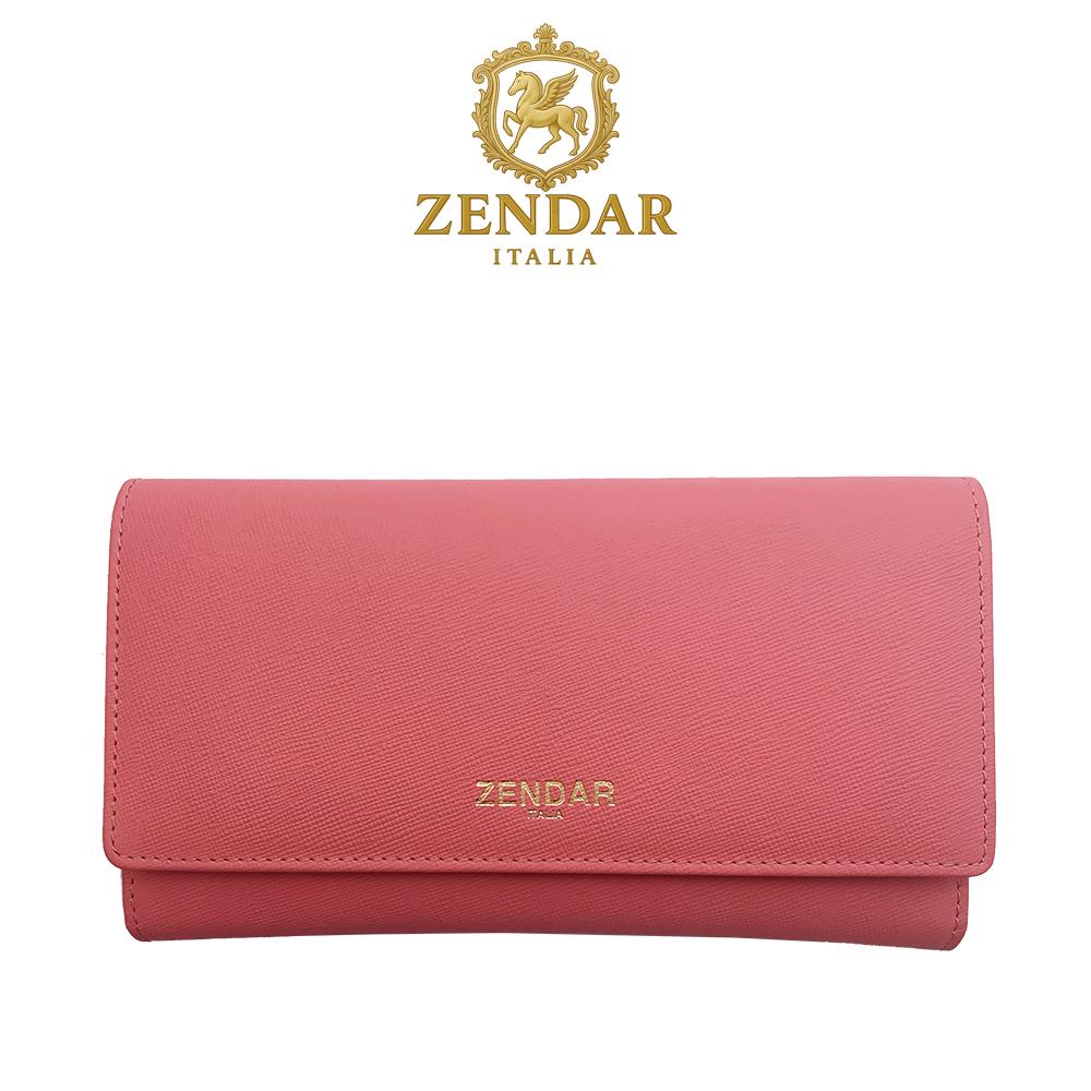 【ZENDAR】限量1折 頂級小牛皮十字紋三摺長夾 蘿絲系列 全新專櫃展示品 (粉紅色)