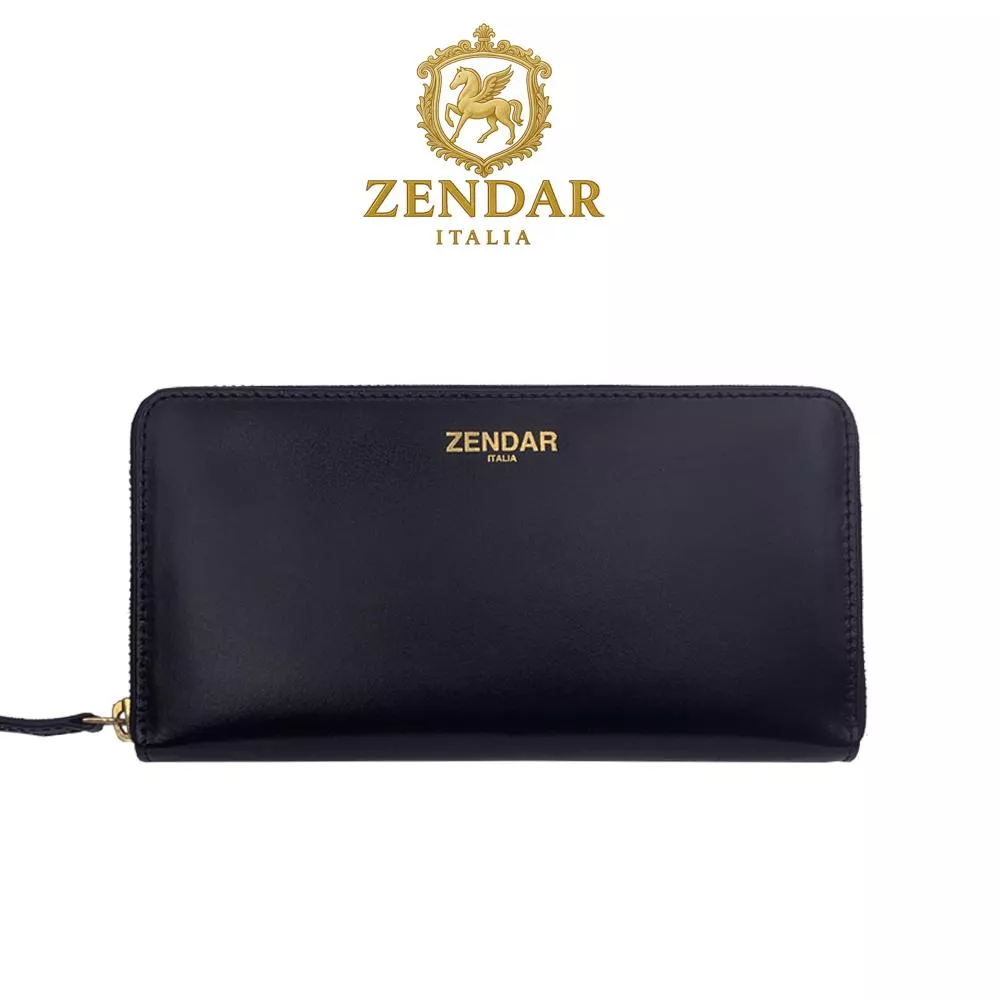 【ZENDAR】限量1折 頂級NAPPA小牛皮金標拉鍊長夾 莉亞系列 全新專櫃展示品 (黑色)