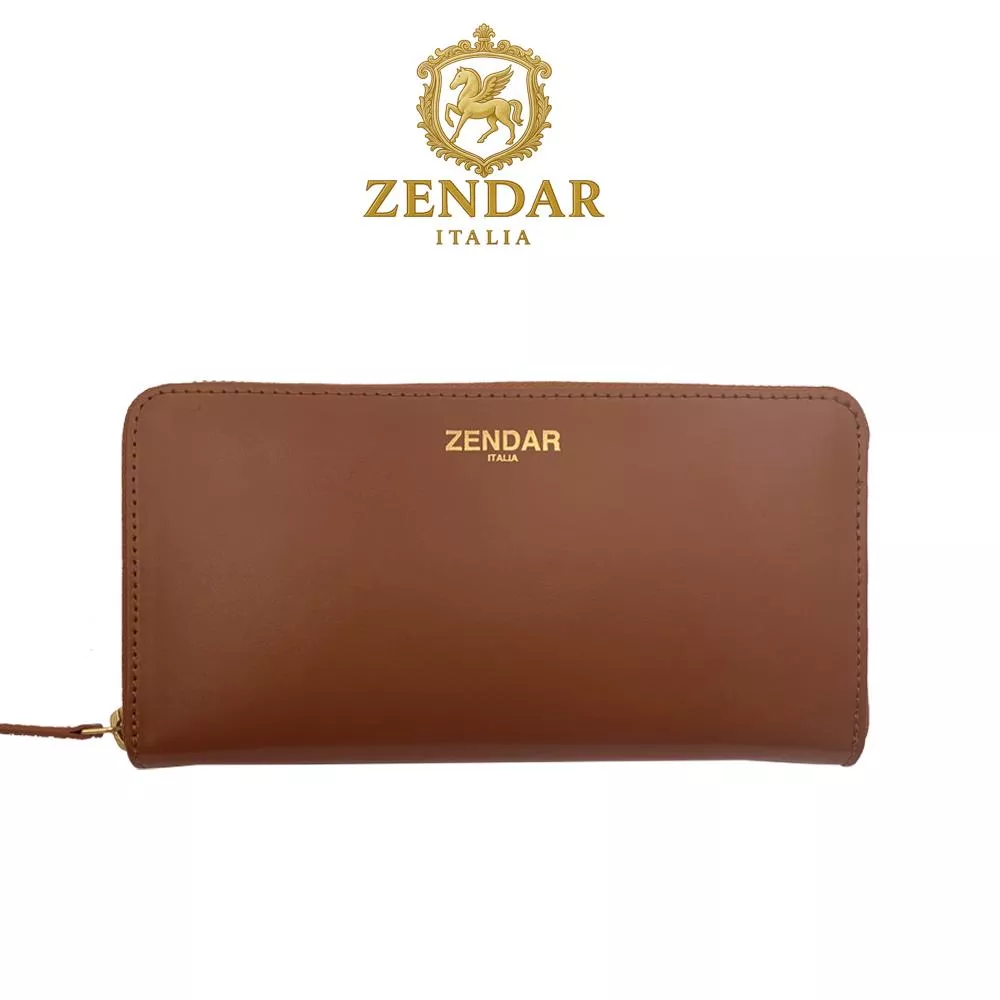 【ZENDAR】頂級NAPPA小牛皮金標拉鍊長夾 莉亞系列 (琥珀色)