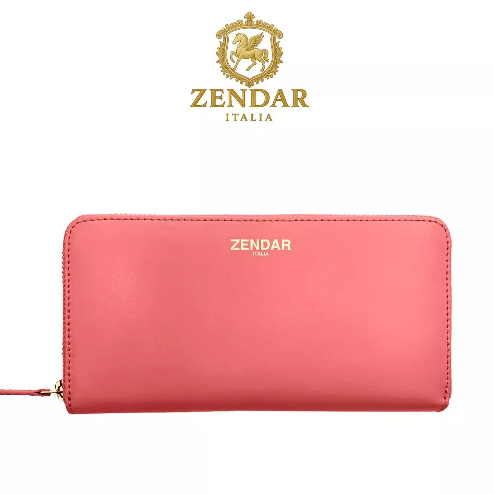 【ZENDAR】限量1折 頂級NAPPA小牛皮金標拉鍊長夾 莉亞系列 全新專櫃展示品 (粉紅色)