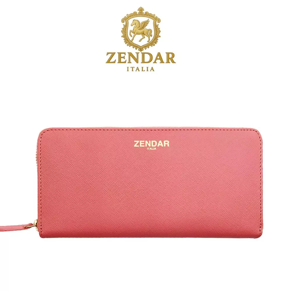 【ZENDAR】限量1折 頂級NAPPA小牛皮十字紋拉鍊長夾 卡門系列 全新專櫃展示品 (粉紅色)
