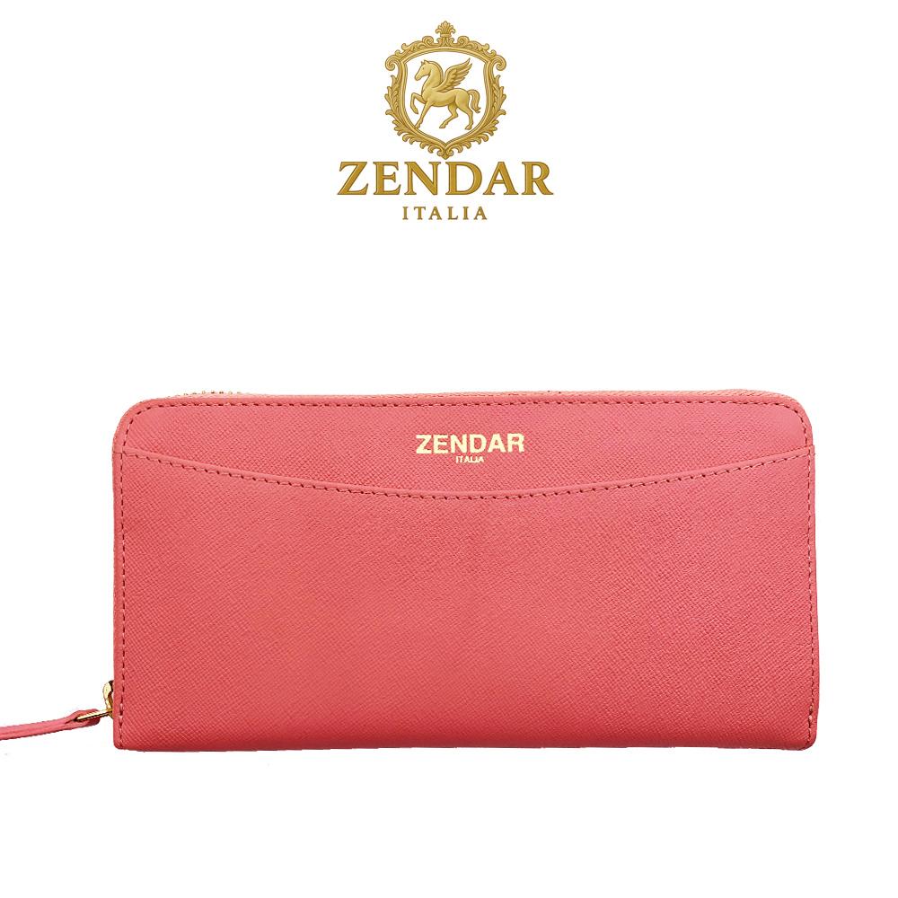 【ZENDAR】頂級NAPPA小牛皮十字紋拉鍊長夾 馬蒂娜系列 (粉紅色)