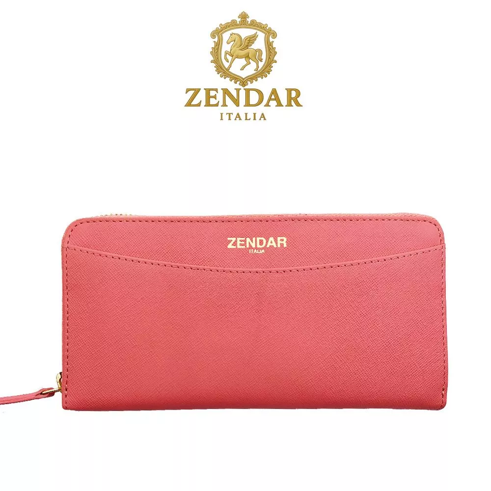 【ZENDAR】頂級NAPPA小牛皮十字紋拉鍊長夾 馬蒂娜系列 (粉紅色)