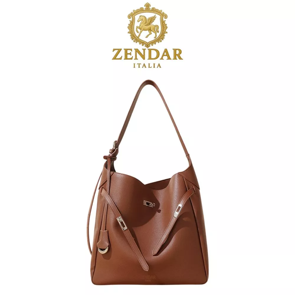 【ZENDAR】限量1折 頂級小牛皮手提包肩背包 汀娜系列 全新專櫃展示品 焦糖棕色
