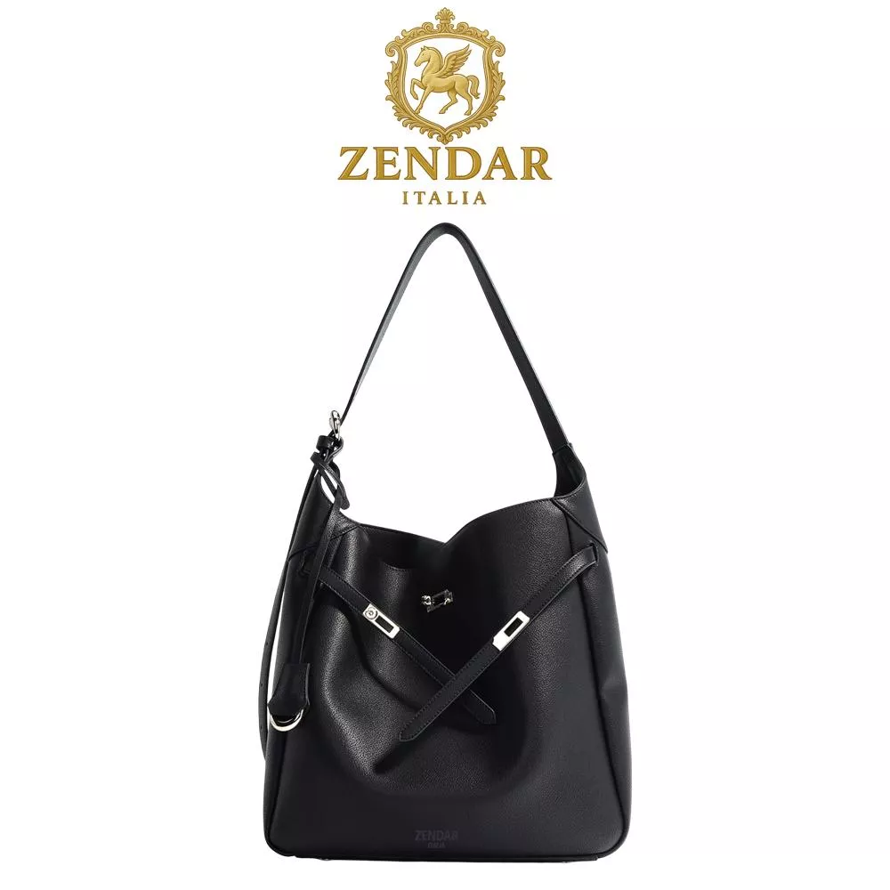 【ZENDAR】限量1折 頂級小牛皮手提包肩背包 汀娜系列 全新專櫃展示品 黑色