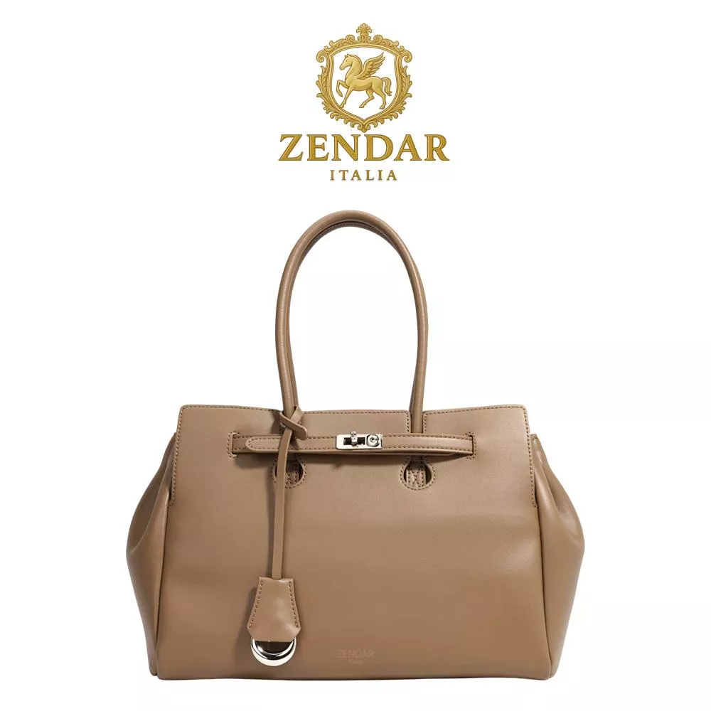 【ZENDAR】頂級小牛皮手提包肩背包 葛蕾絲系列 杏仁棕
