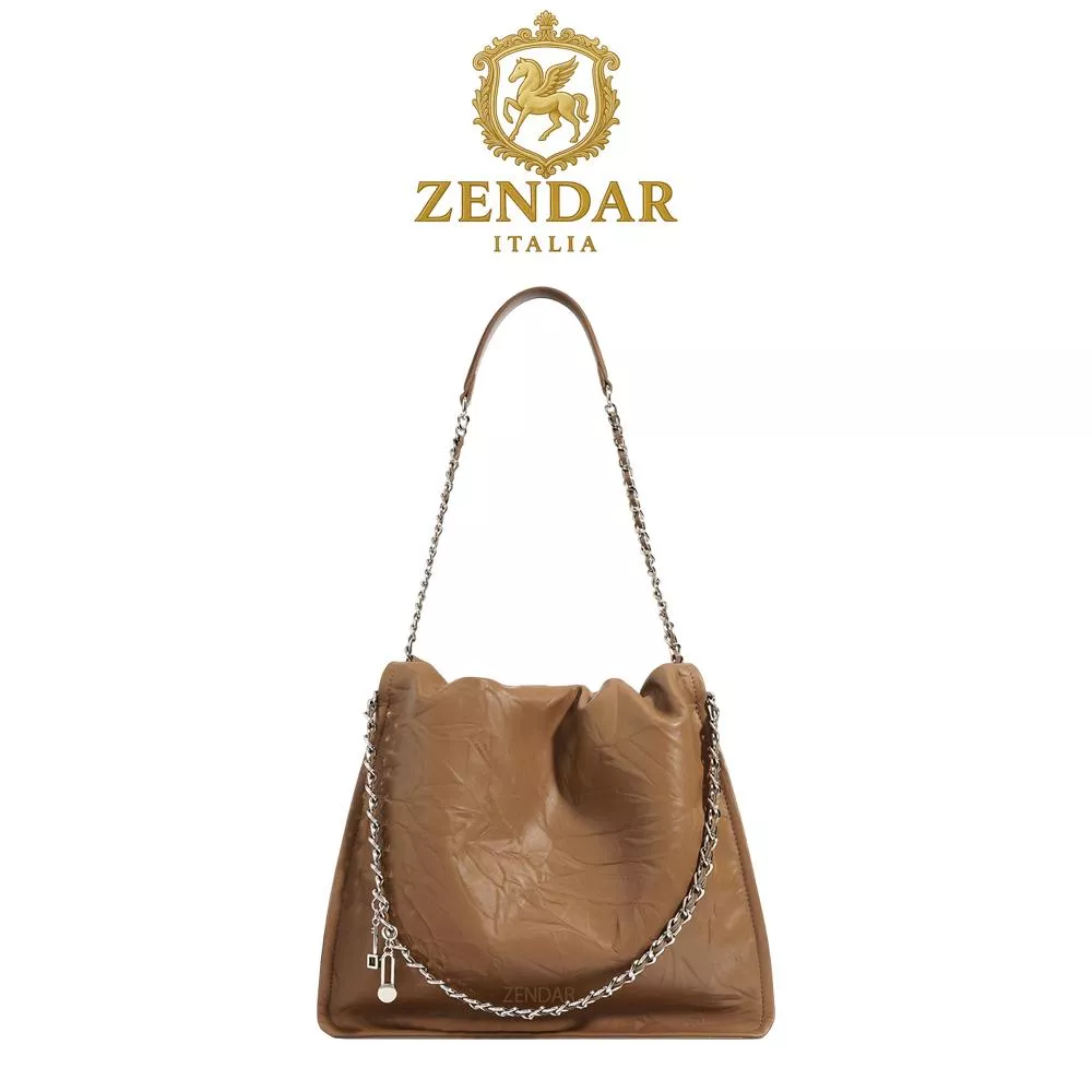 【ZENDAR】限量1折 頂級小牛皮軟皮肩背包 露娜系列 全新專櫃展示品 焦糖色