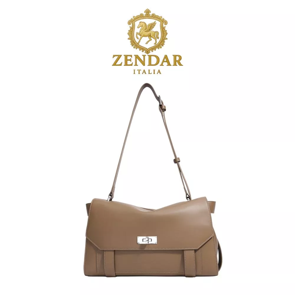 【ZENDAR】頂級小牛皮肩背包 凱瑟琳系列 卡其色